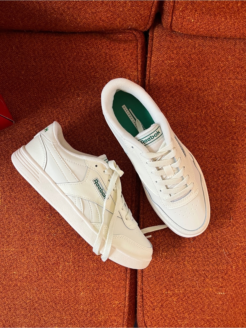 New White and Green Reebok Sneakers